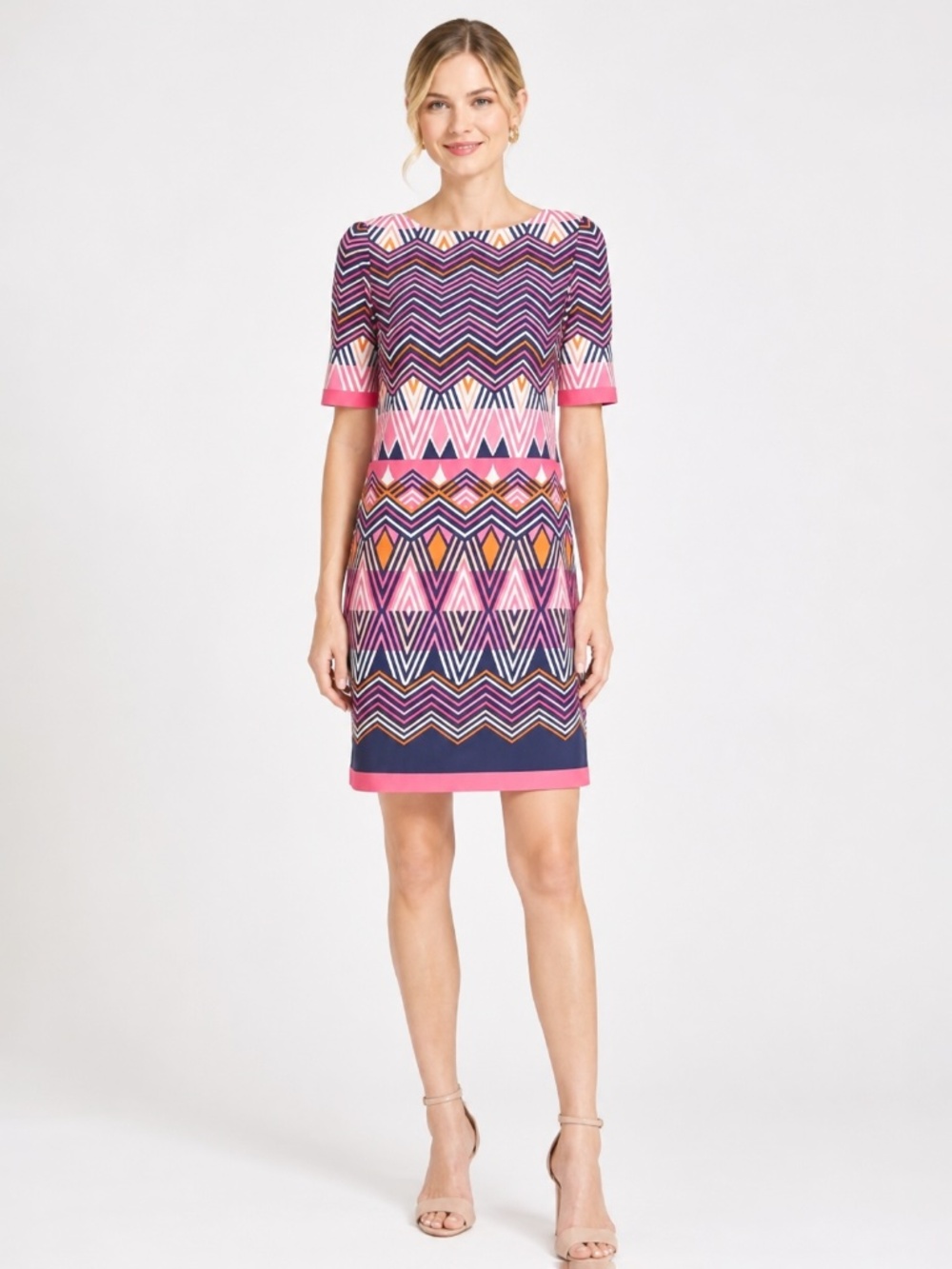 Eliza J Geometric Print Zig‎ Zag 70's inspired short sleeve shift dress sz 6